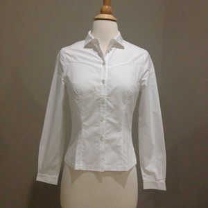 New white cotton button- down shirt with cinched waist